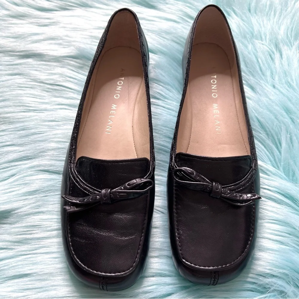 Antonio Melani 90s Black Soft LEATHER Loafers Slip On Bow Accent Women’s 7.5
